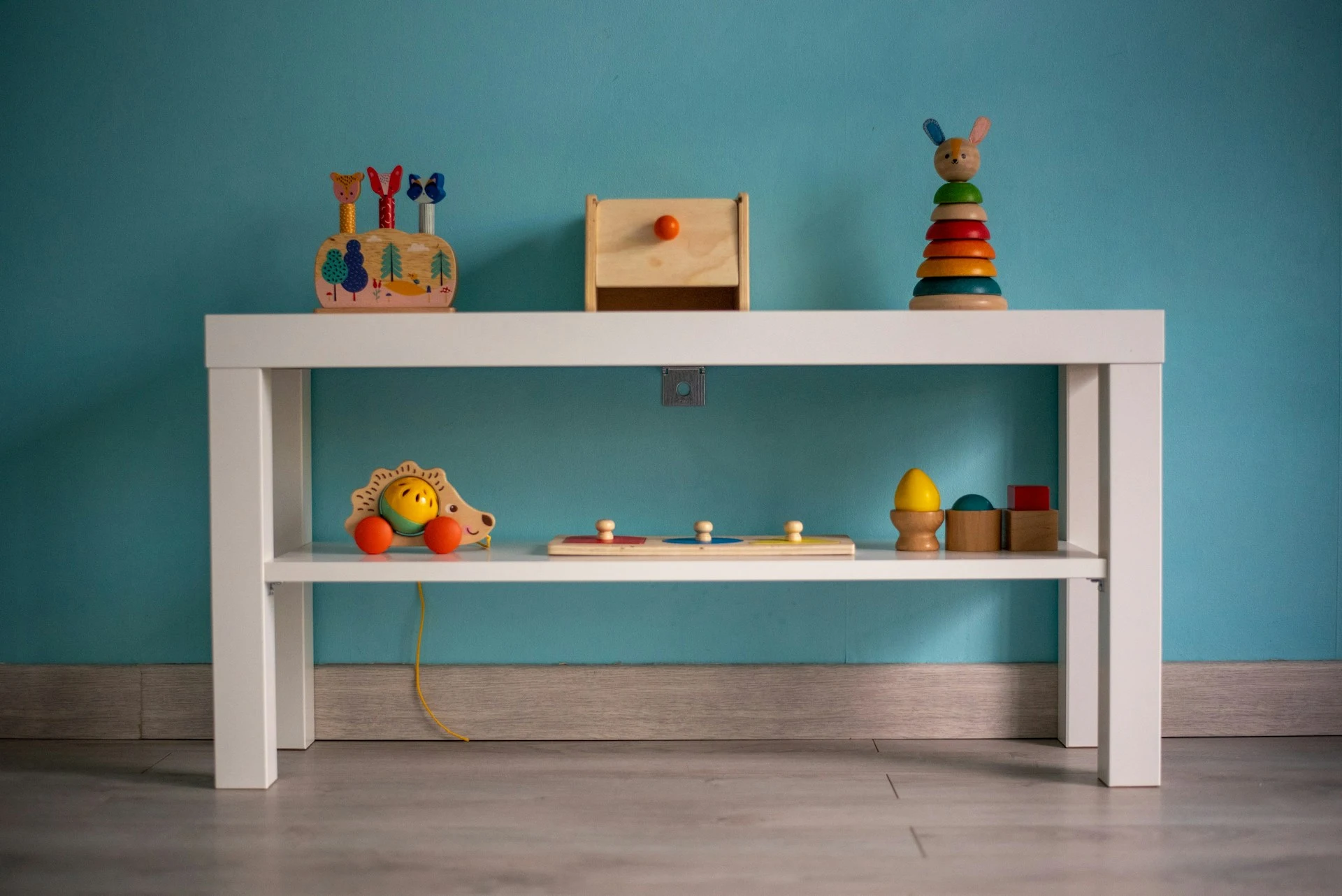 A neatly arranged toy shelf — the result of a thoughtful play space setup